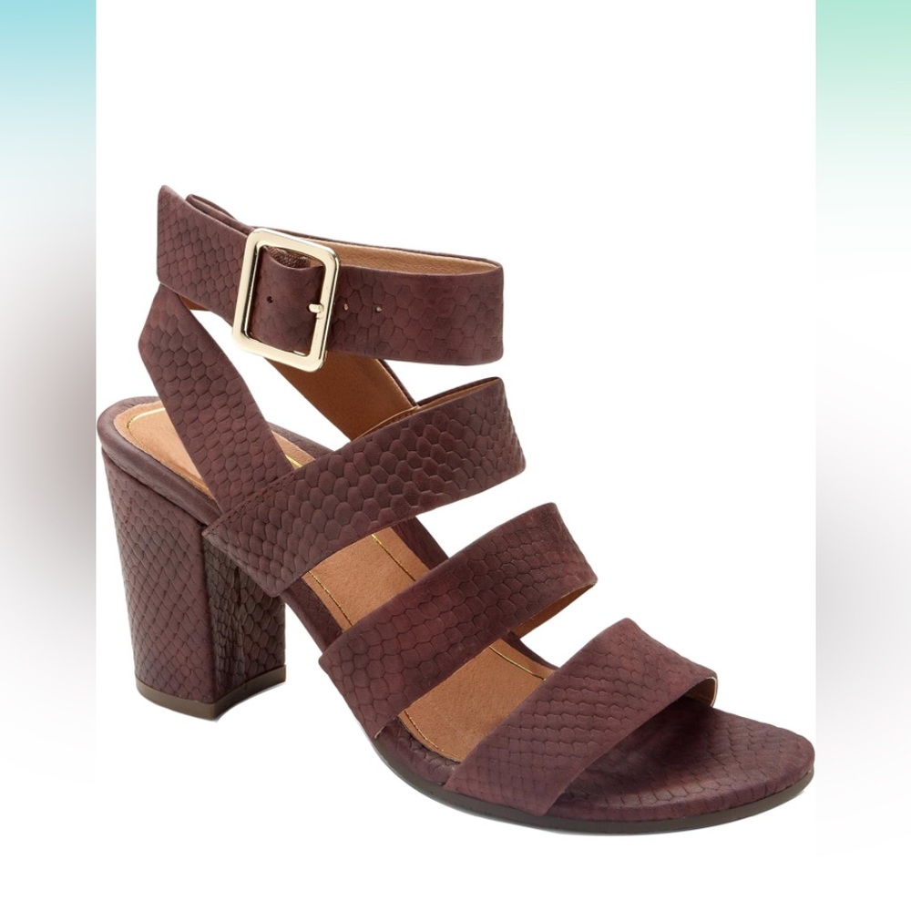 High-heeled sandal, merlot snake pattern leather, size 5